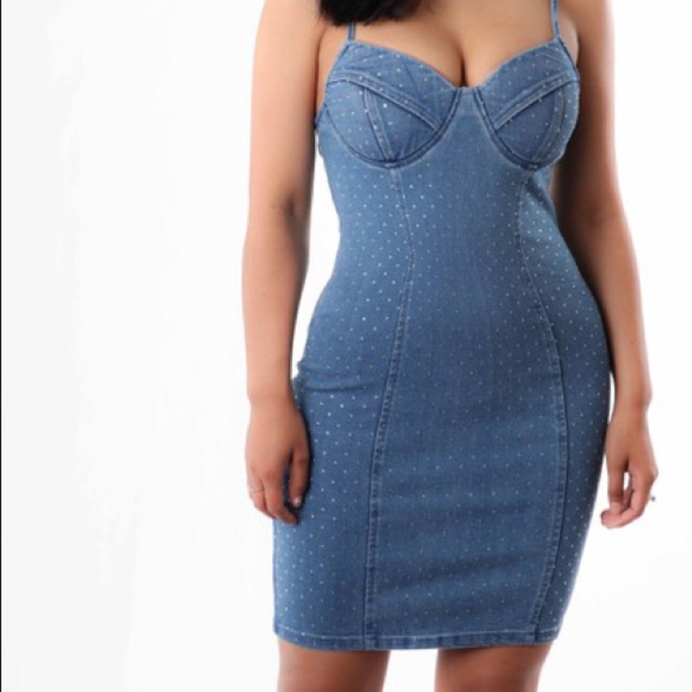 Rhinestone denim mini dress.